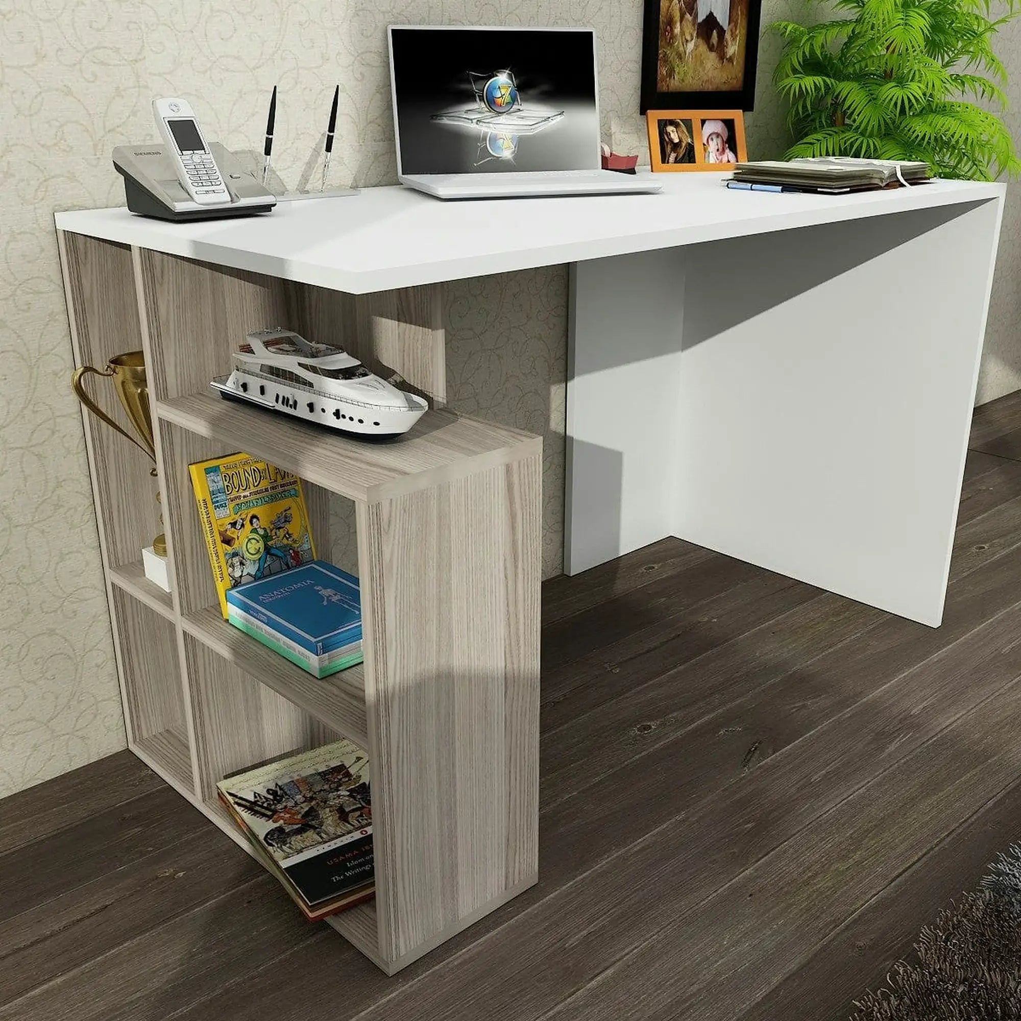 Birou LABRAN, alb/stejar, PAL melaminat, 120x60x74 cm