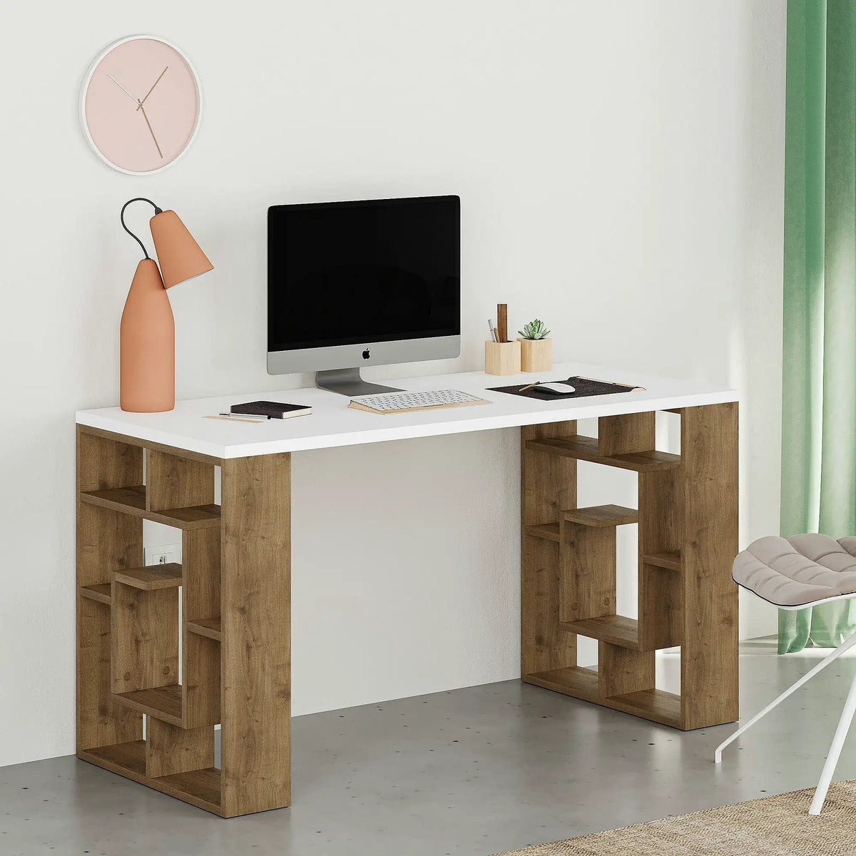 Birou MAZE, alb/stejar inchis, PAL melaminat, 140x60x75 cm