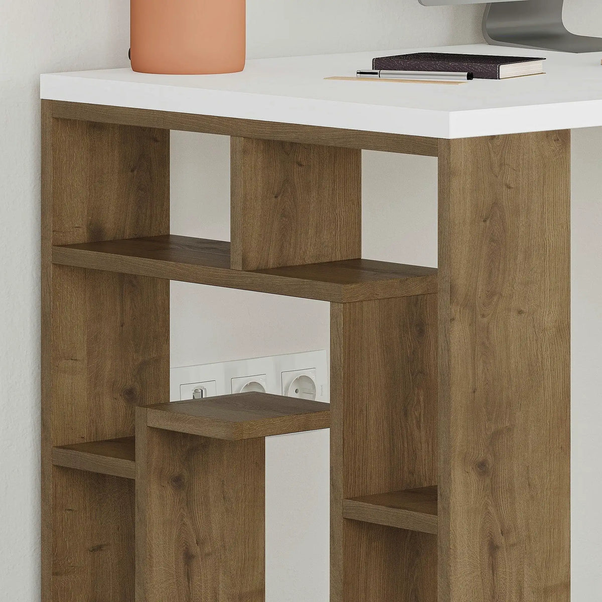 Birou MAZE, alb/stejar inchis, PAL melaminat, 140x60x75 cm