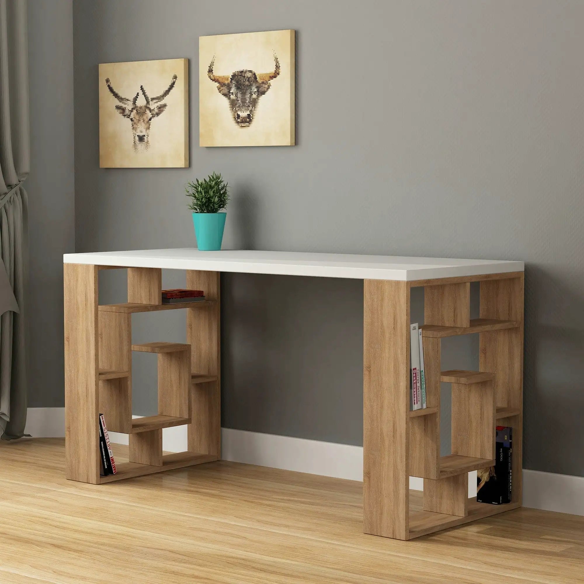 Birou MAZE, alb/stejar, PAL melaminat, 140x60x75 cm