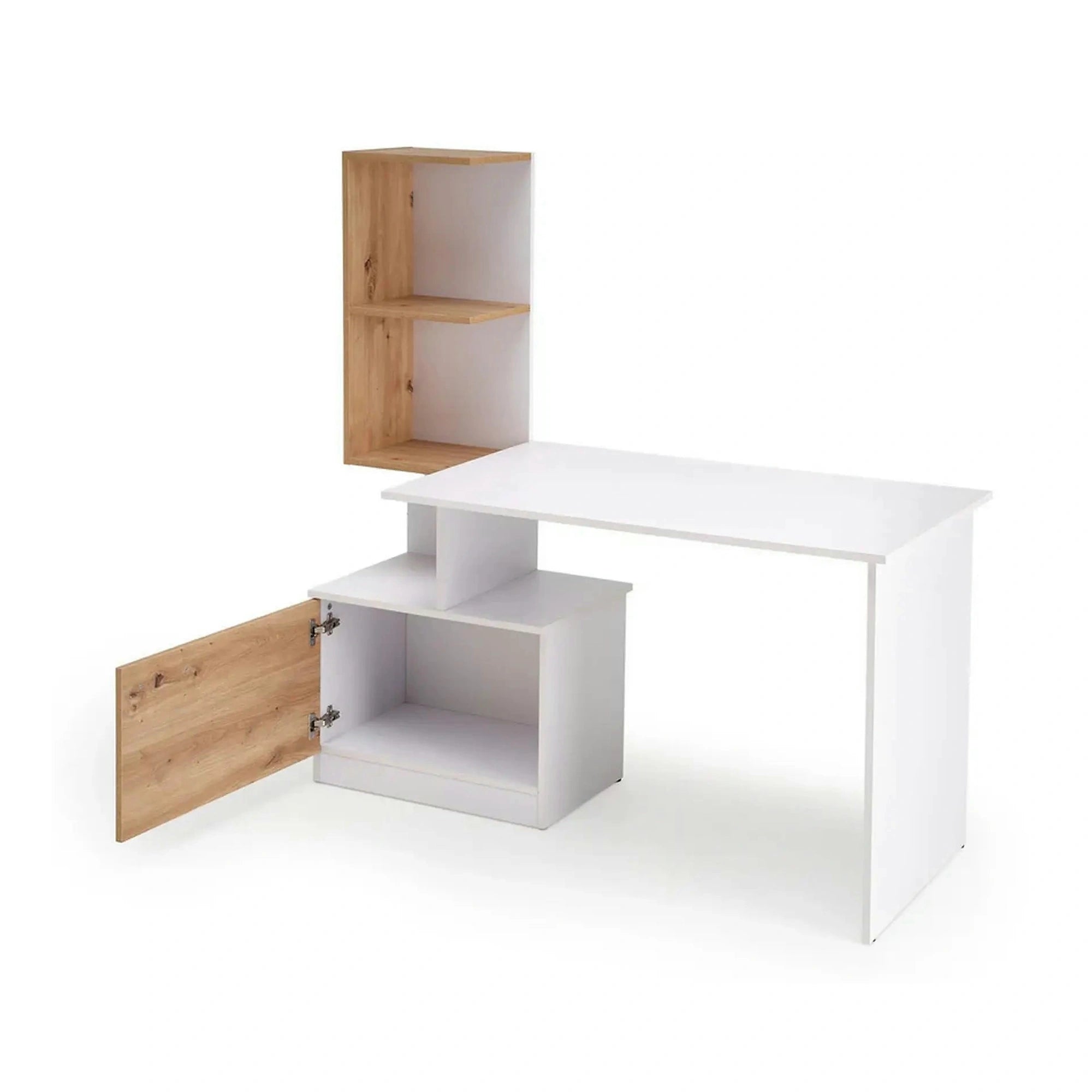 Birou MISO, alb/stejar artisan, PAL laminat, 144x60x142 cm