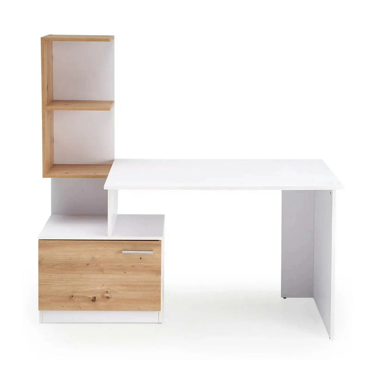 Birou MISO, alb/stejar artisan, PAL laminat, 144x60x142 cm