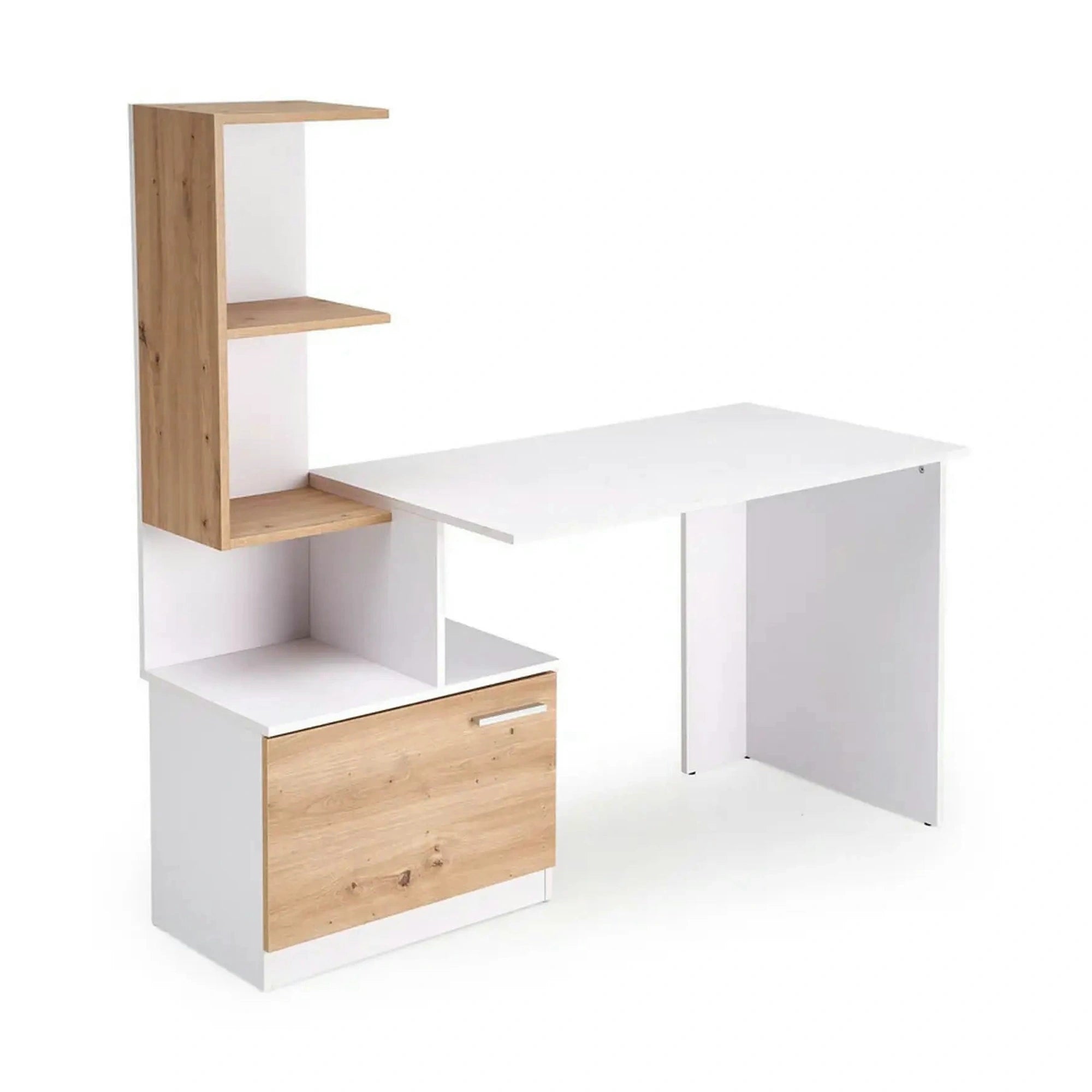 Birou MISO, alb/stejar artisan, PAL laminat, 144x60x142 cm