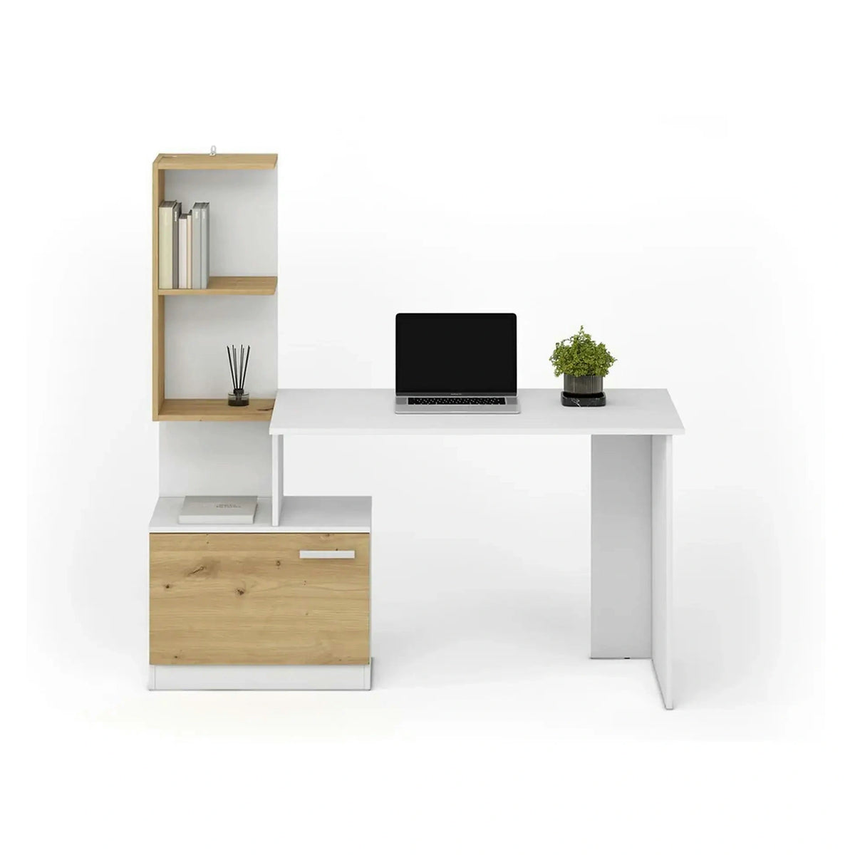 Birou MISO, alb/stejar artisan, PAL laminat, 144x60x142 cm