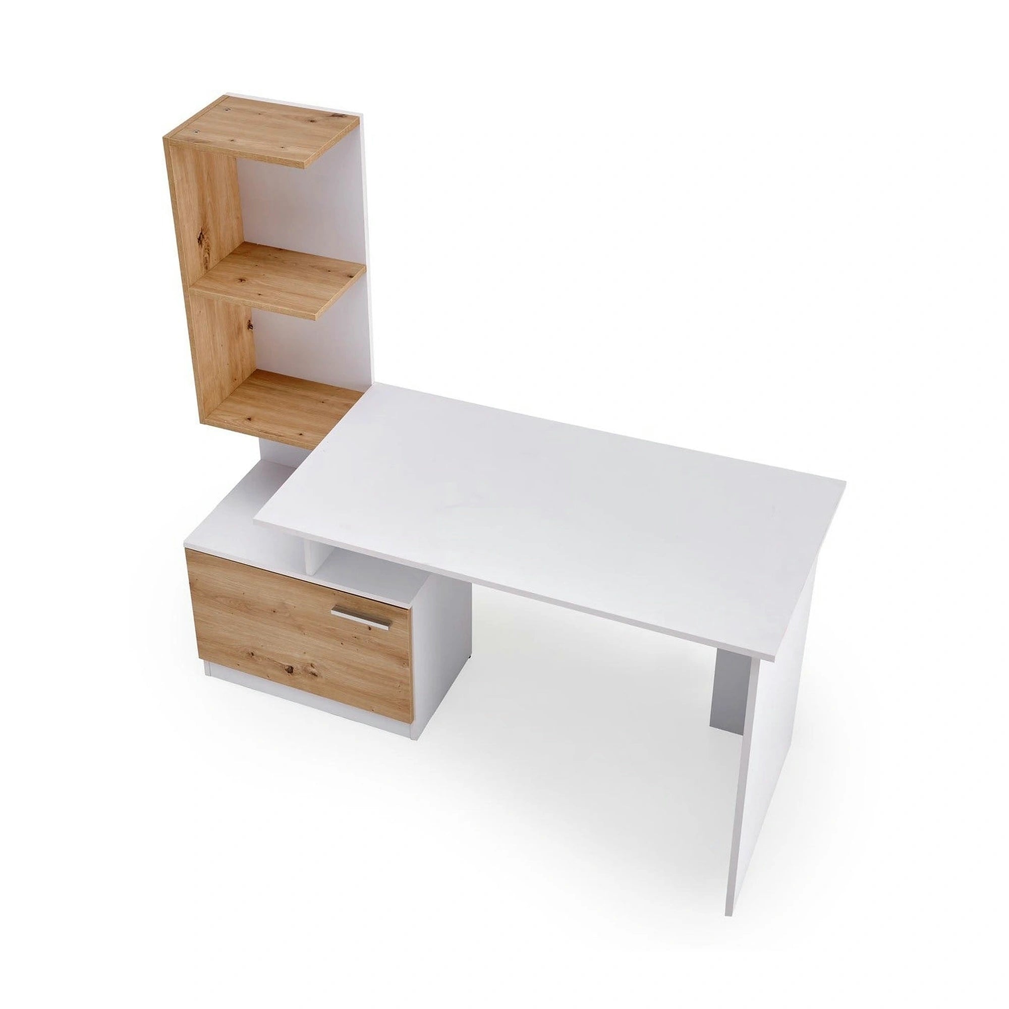 Birou MISO, alb/stejar artisan, PAL laminat, 144x60x142 cm