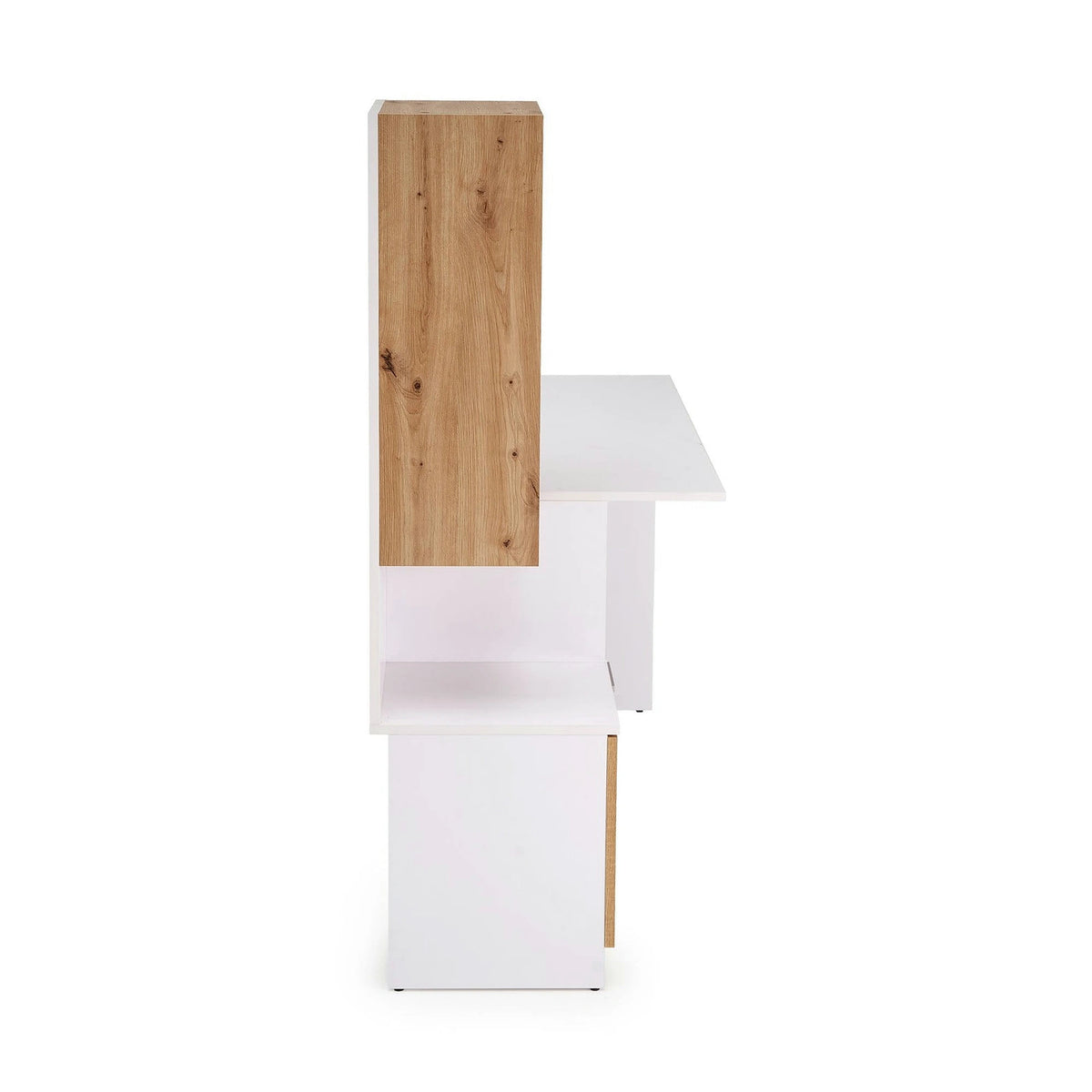 Birou MISO, alb/stejar artisan, PAL laminat, 144x60x142 cm