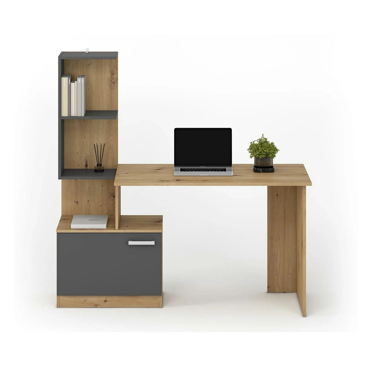 Birou MISO, stejar artisan/gri grafit, PAL laminat, 144x60x142 cm