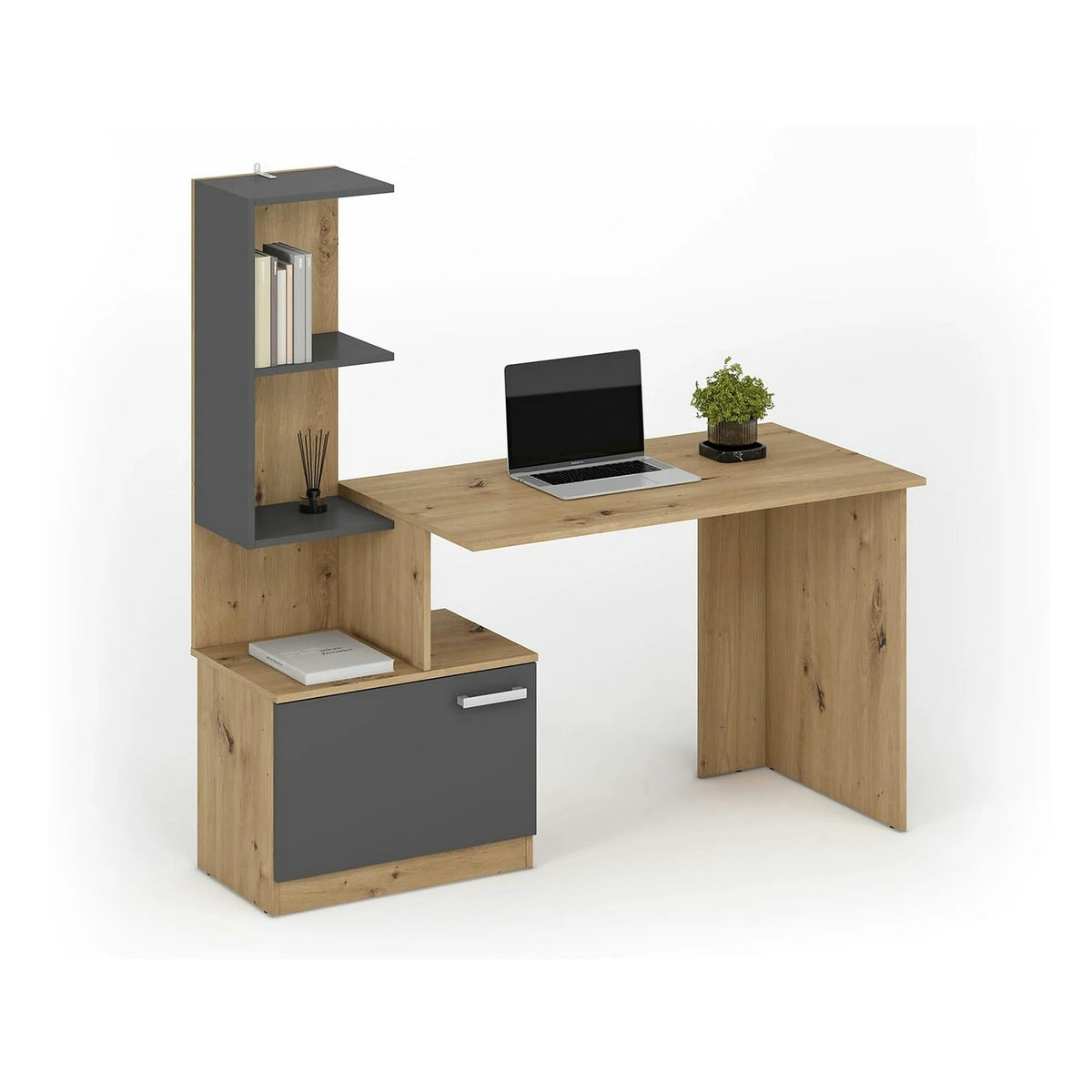 Birou MISO, stejar artisan/gri grafit, PAL laminat, 144x60x142 cm