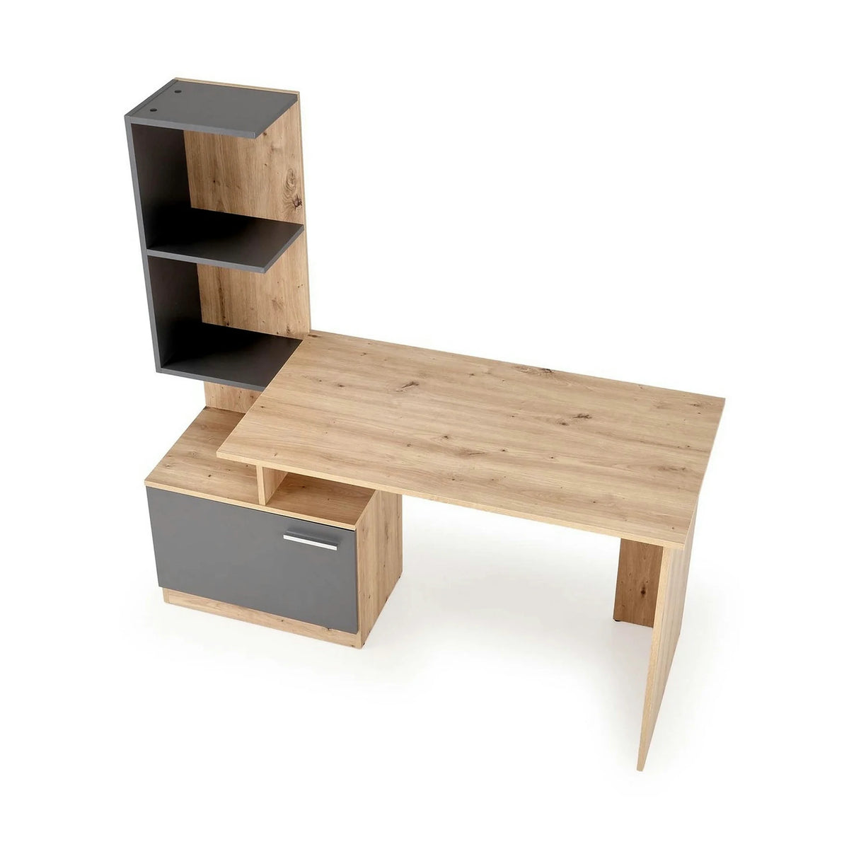 Birou MISO, stejar artisan/gri grafit, PAL laminat, 144x60x142 cm