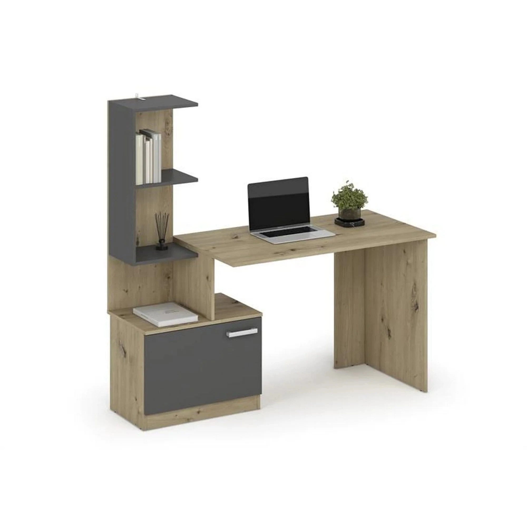 Birou MISO, stejar artisan/gri grafit, PAL laminat, 144x60x142 cm