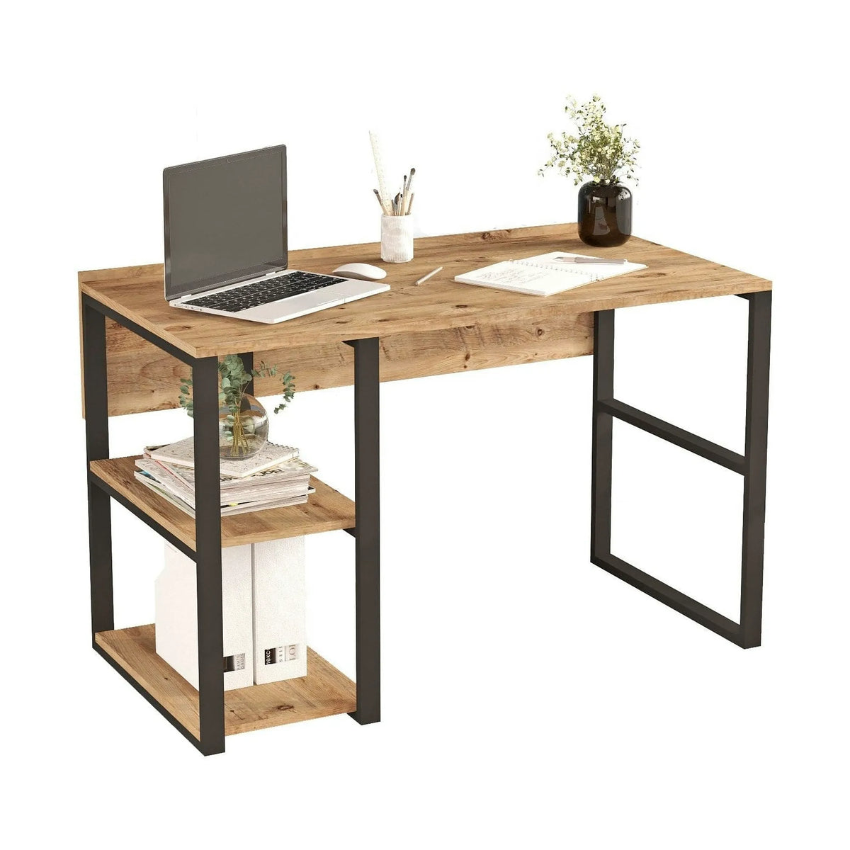 Birou ML8-A, stejar/negru, PAL melaminat/metal, 120x60x75 cm