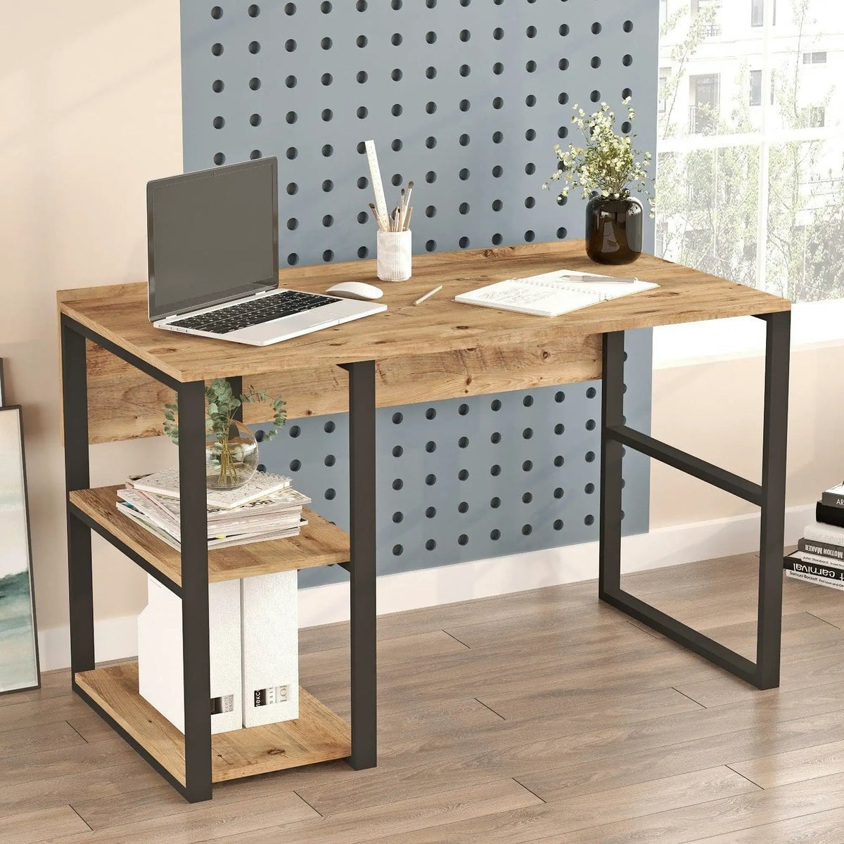 Birou ML8-A, stejar/negru, PAL melaminat/metal, 120x60x75 cm