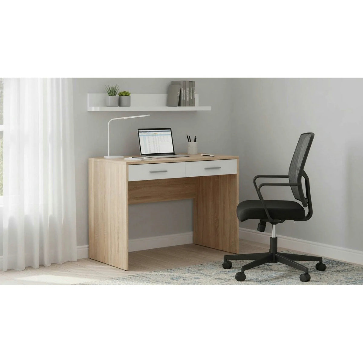 Birou NEPO PLUS, stejar sonoma/alb, PAL laminat, cu 2 sertare, 100x59x76 cm