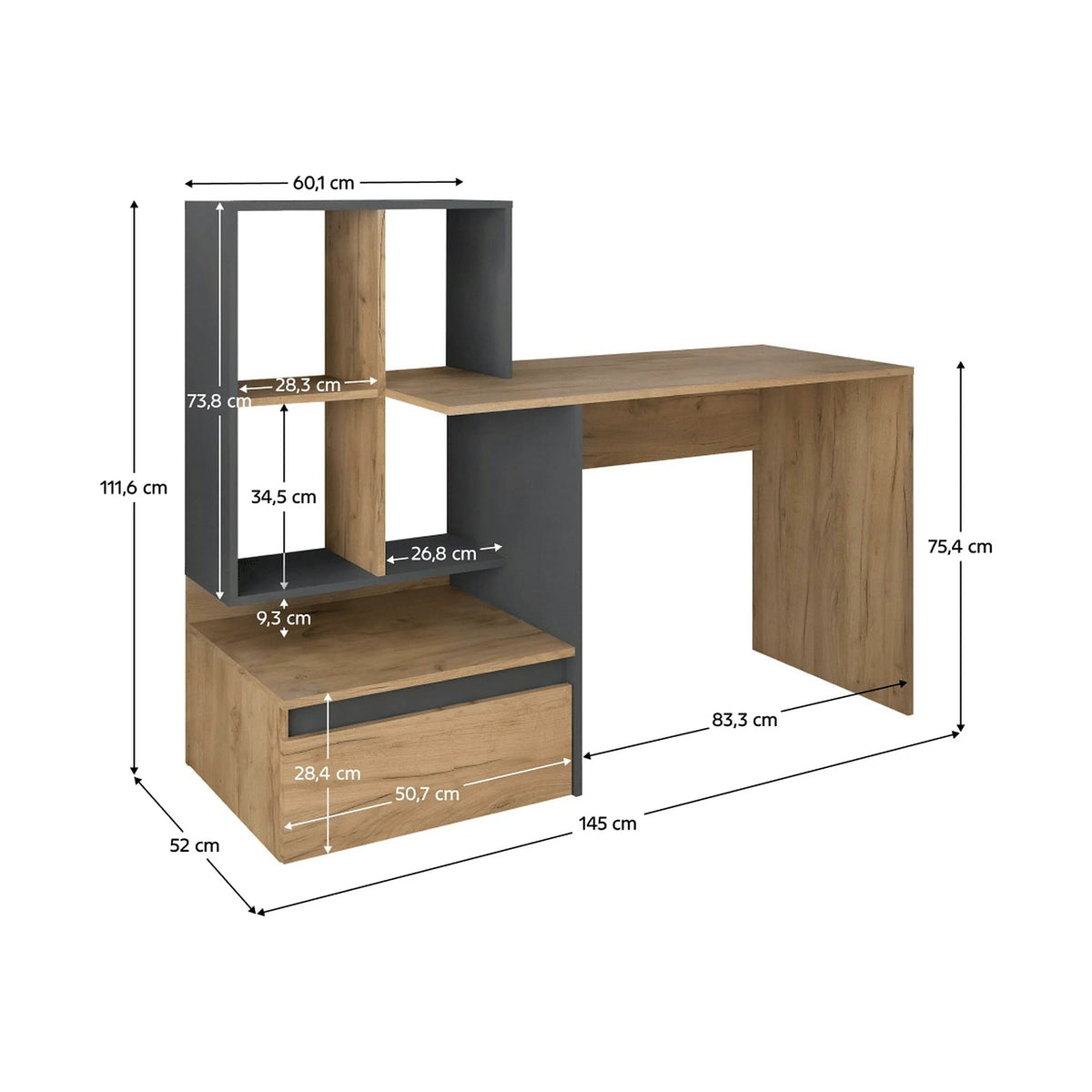 Birou NEREO 2 NEW, stejar artisan, DTD laminat, 145x52x112 cm