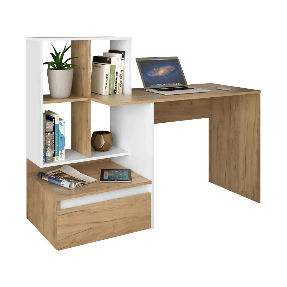 Birou NEREO NEW, stejar artisan/alb, DTD laminat, 145x52x112 cm