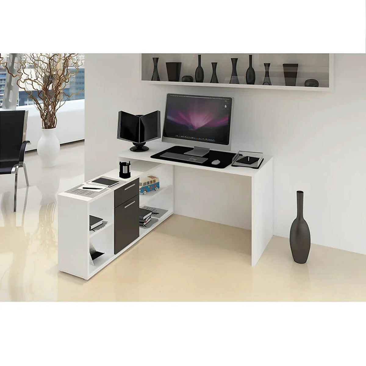 Birou NOE NEW, alb/negru, PAL melaminat, 135x60/30x74/60 cm