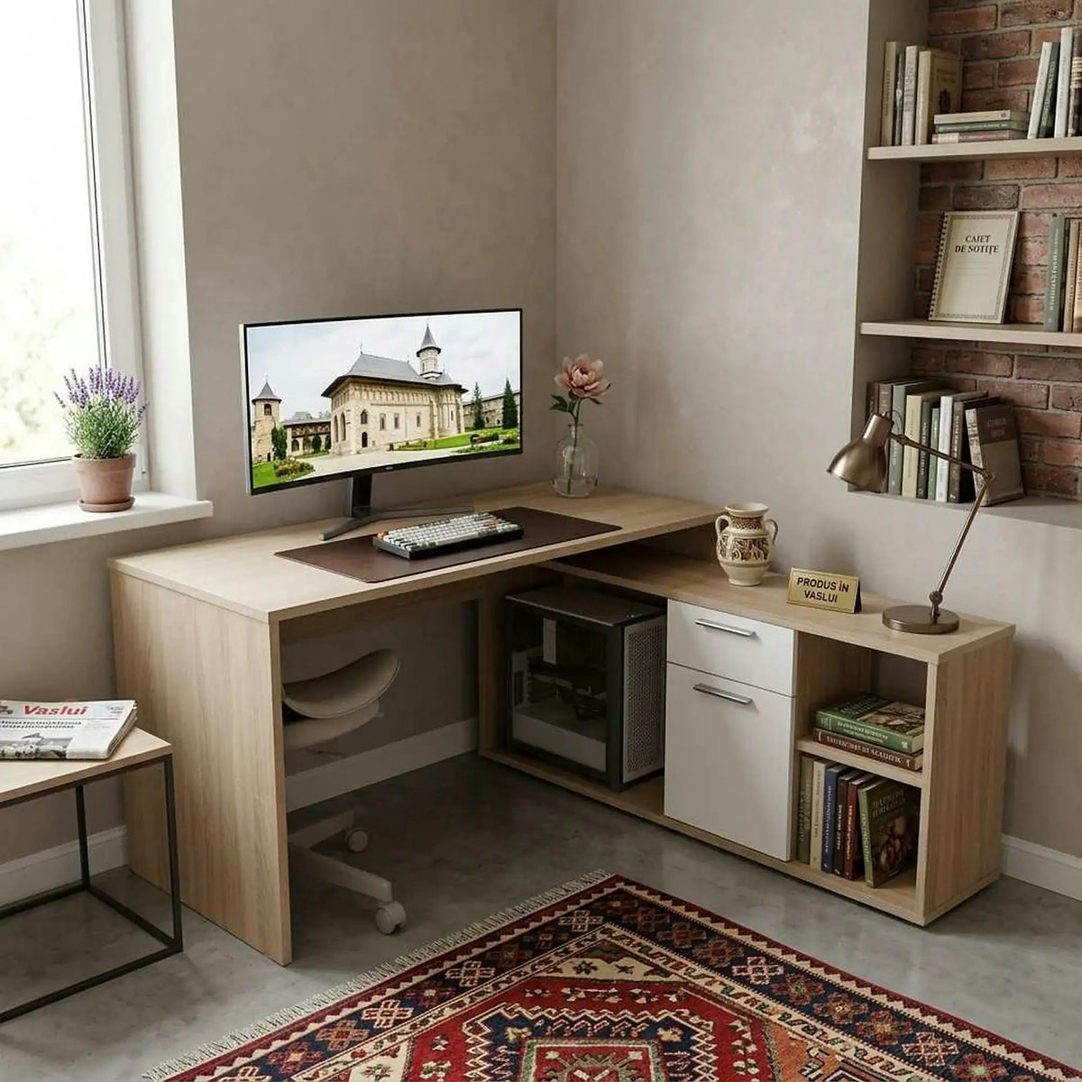 Birou NOE NEW, stejar sonoma/alb, PAL melaminat, 135x60/30x74/60 cm