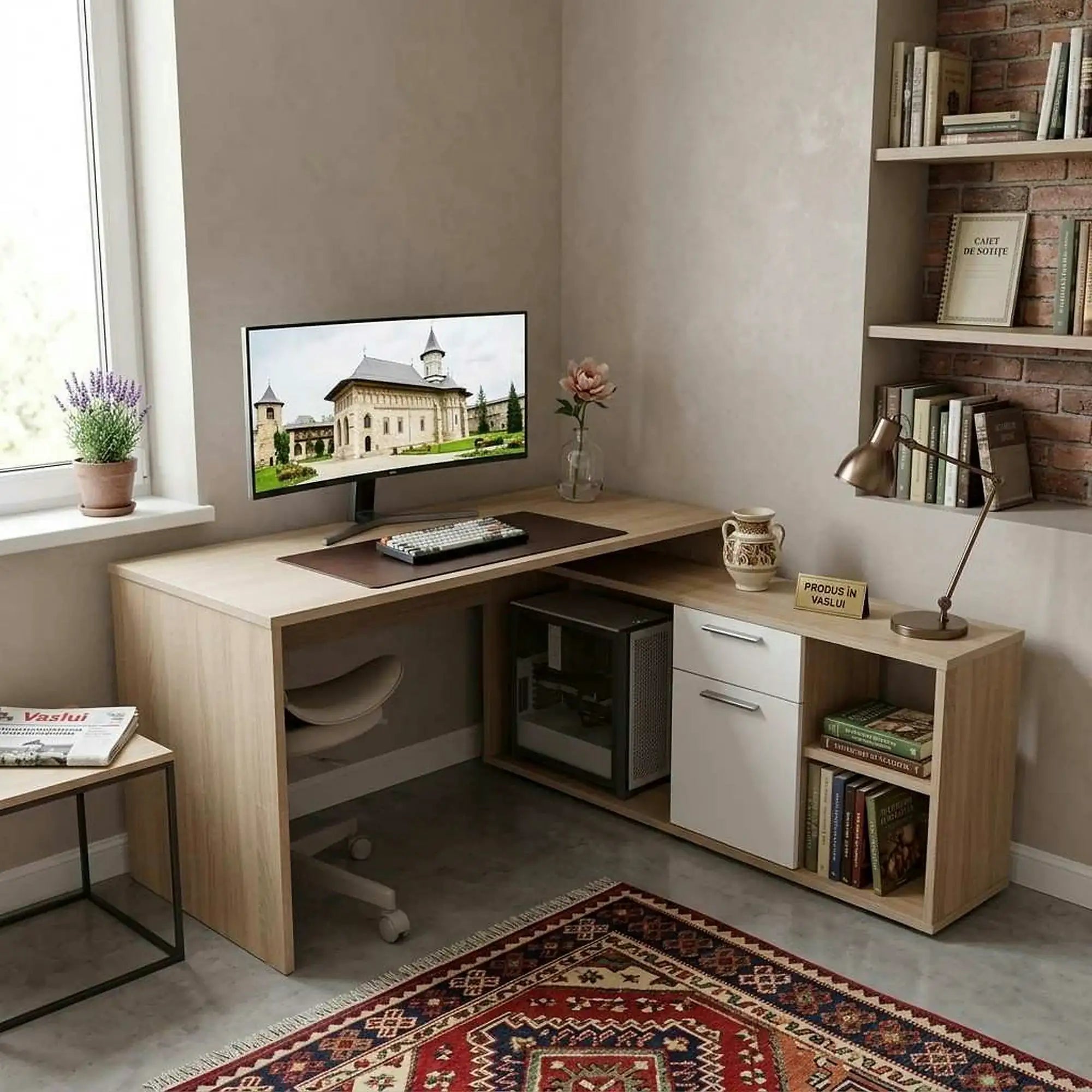 Birou NOE NEW, stejar sonoma/alb, PAL melaminat, 135x60/30x74/60 cm