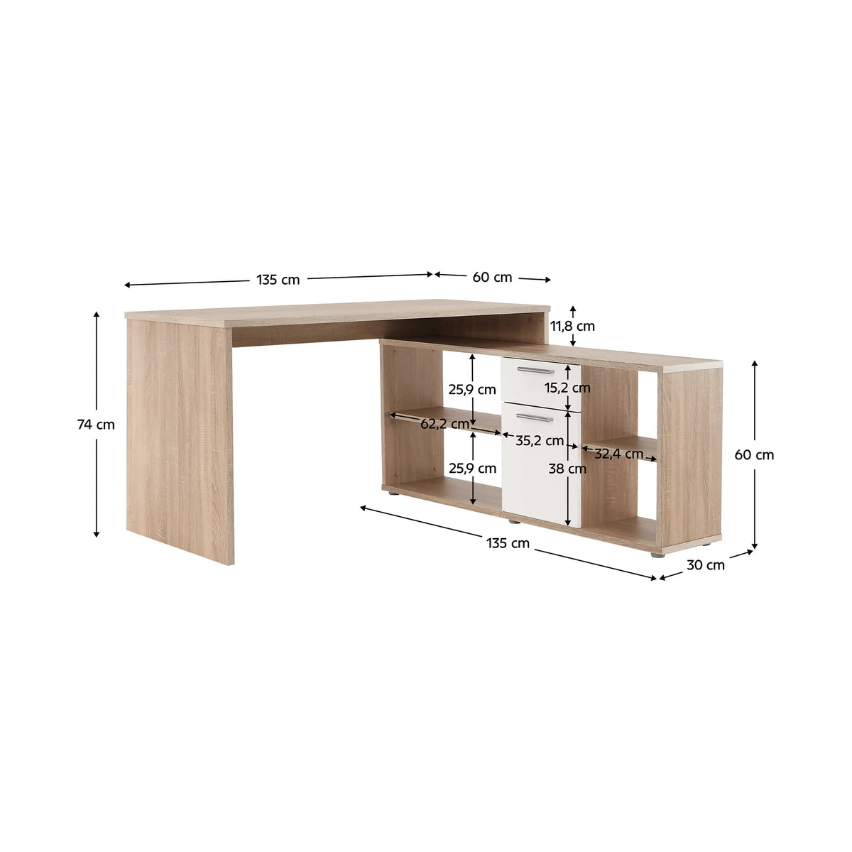 Birou NOE NEW, stejar sonoma/alb, PAL melaminat, 135x60/30x74/60 cm