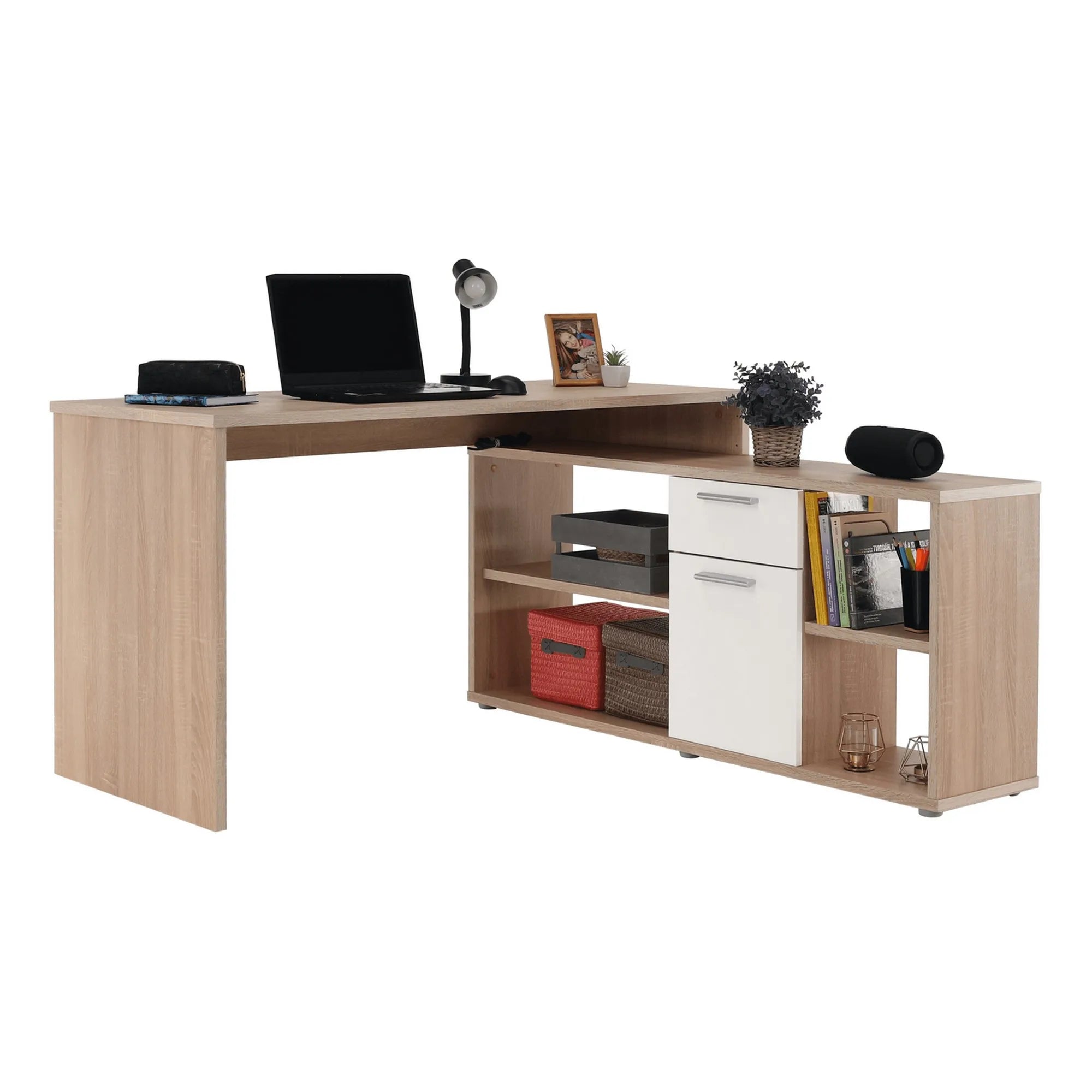 Birou NOE NEW, stejar sonoma/alb, PAL melaminat, 135x60/30x74/60 cm