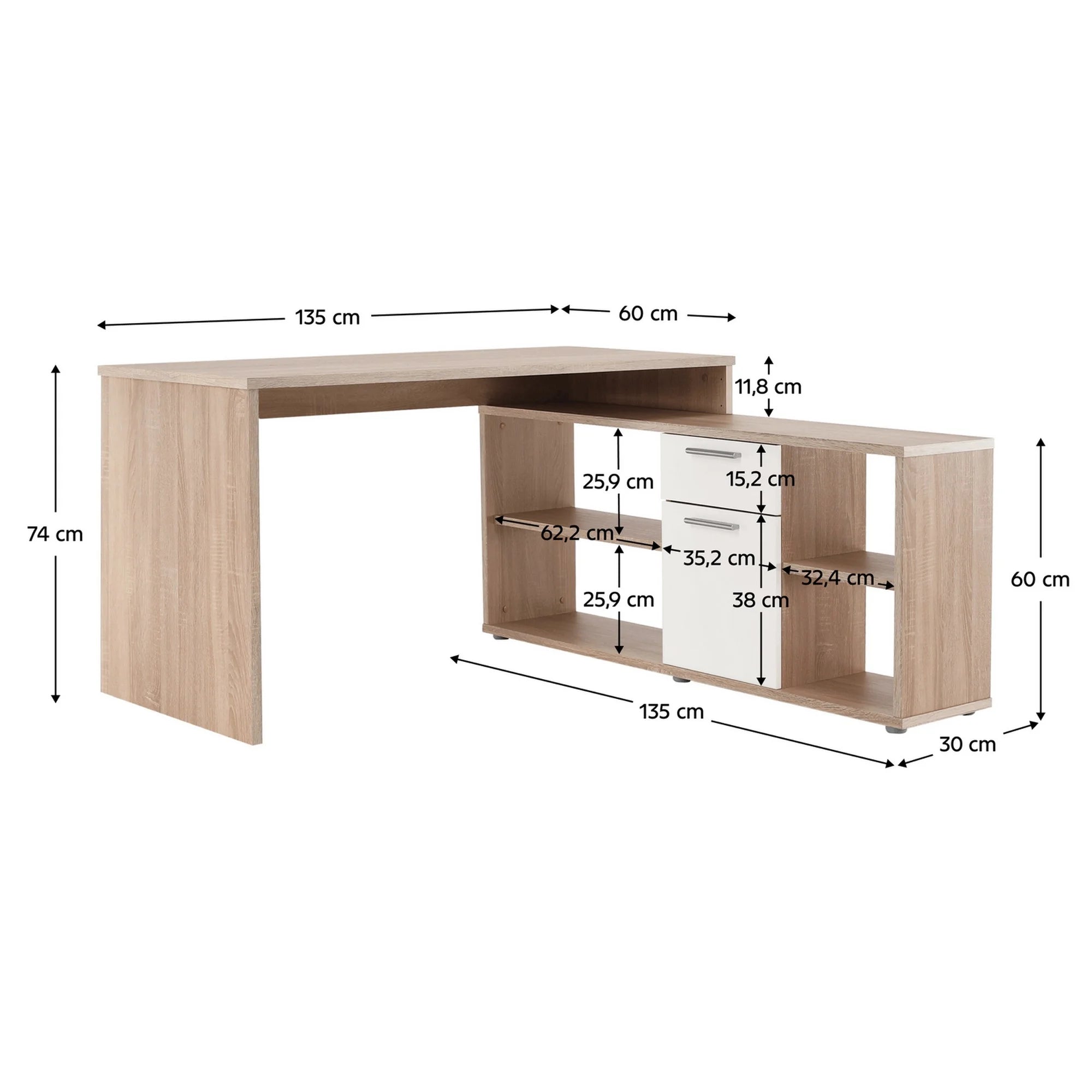 Birou NOE NEW, stejar sonoma/alb, PAL melaminat, 135x60/30x74/60 cm