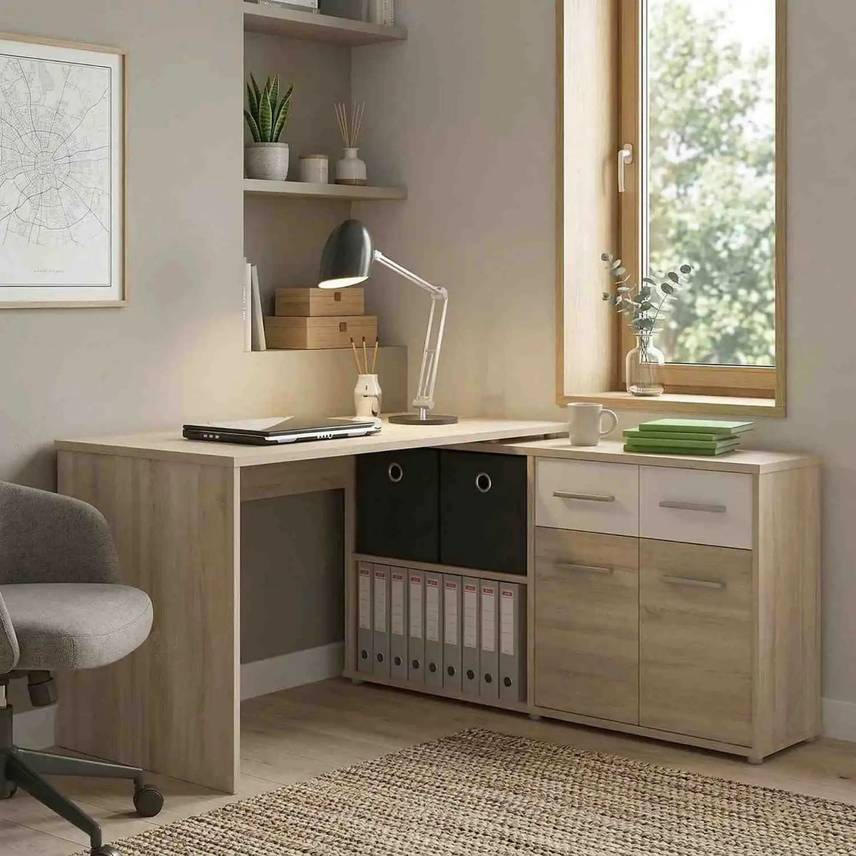 Birou RAFAEL NEW, stejar sonoma/alb, PAL melaminat, 138x140x77 cm