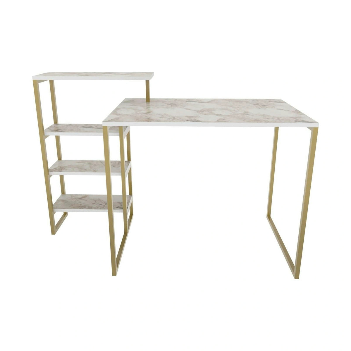 Birou RINO, alb cu efect de marmura/auriu, PAL melaminat/metal, 133x60x77 cm