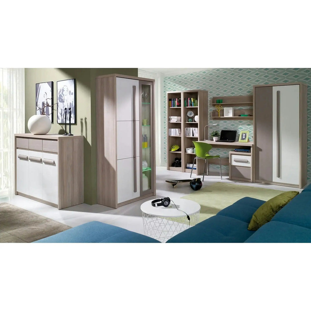 Birou ROMA 10, stejar ferrara/alb lucios/gri mat, PAL, 130x58x77 cm