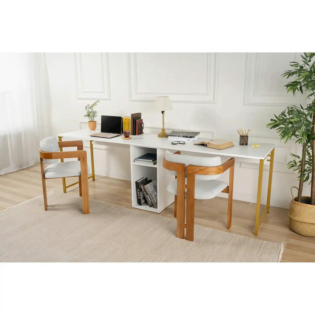 Birou TWIN, alb/auriu, PAL melaminat/metal, 240x60x74 cm