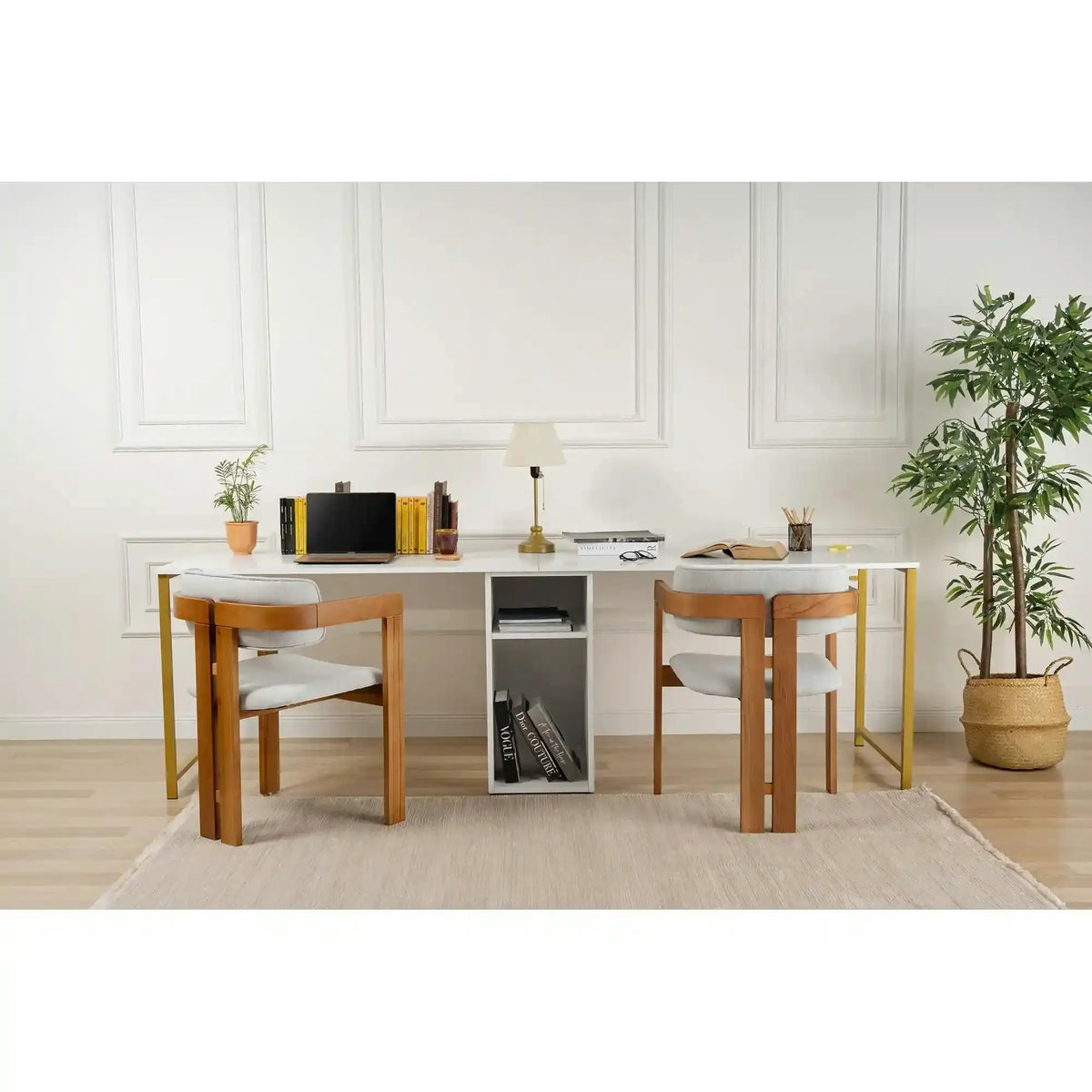 Birou TWIN, alb/auriu, PAL melaminat/metal, 240x60x74 cm