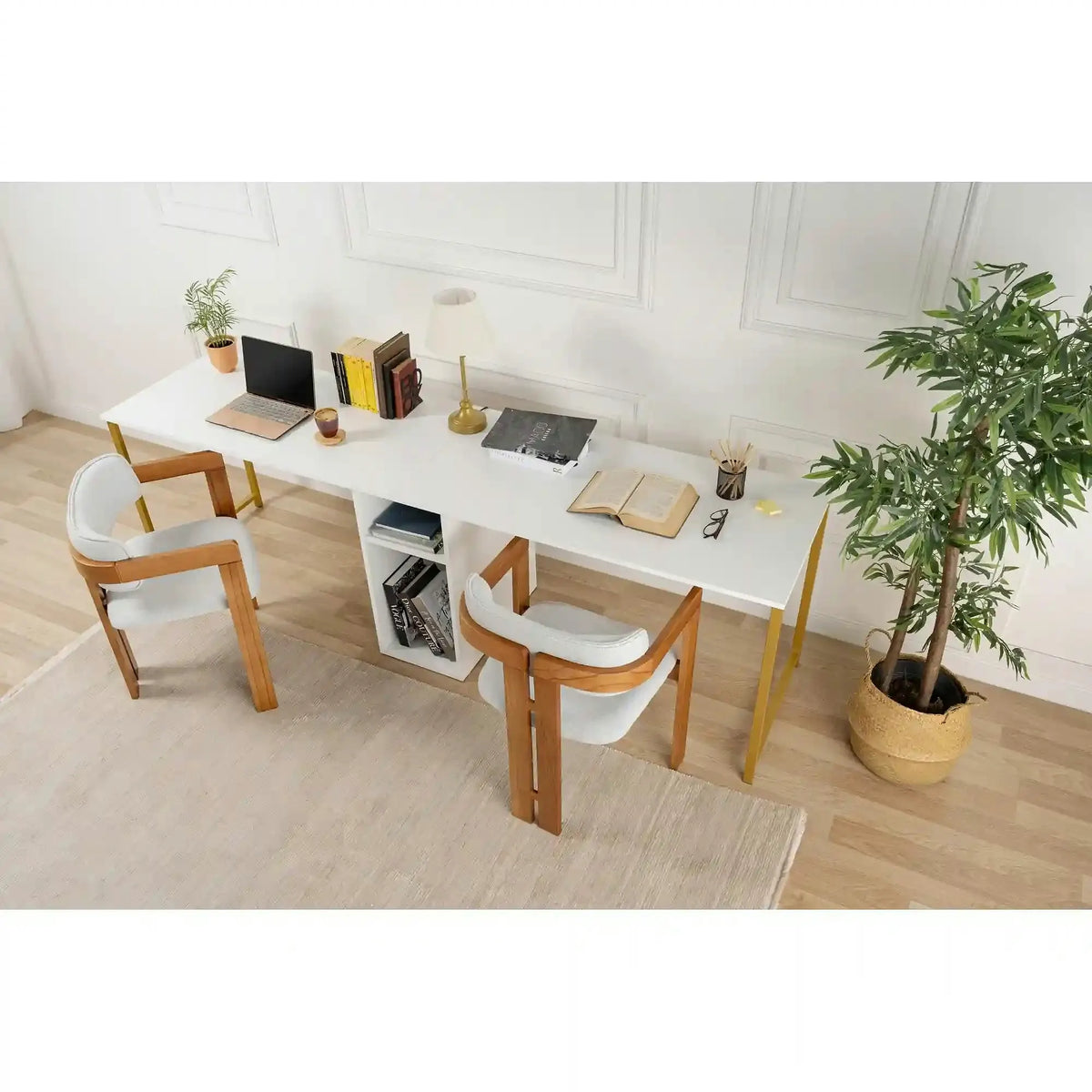 Birou TWIN, alb/auriu, PAL melaminat/metal, 240x60x74 cm