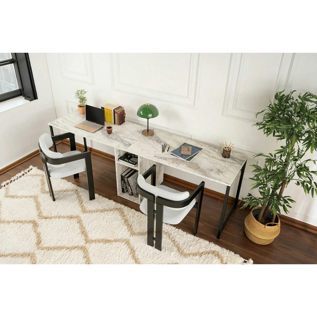 Birou TWIN, bej cu efect de marmura, PAL melaminat/metal, 240x60x74 cm