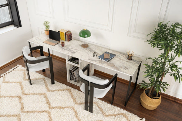 Birou TWIN, bej cu efect de marmura, PAL melaminat/metal, 240x60x74 cm