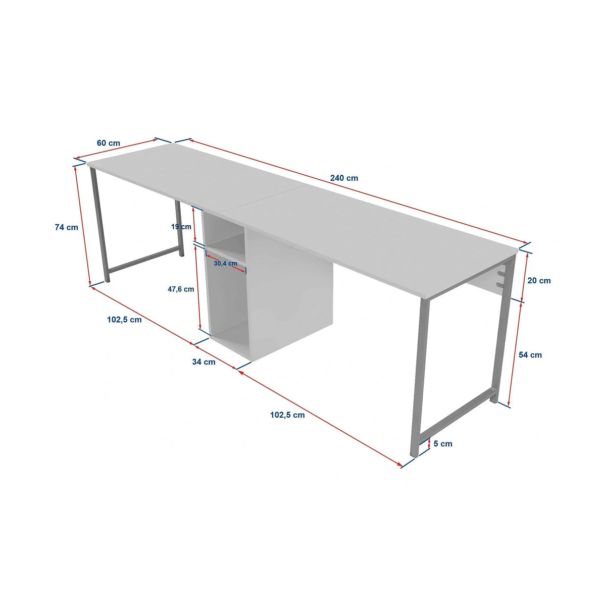 Birou TWIN, gri antracit/negru, PAL melaminat/metal, 240x60x74 cm