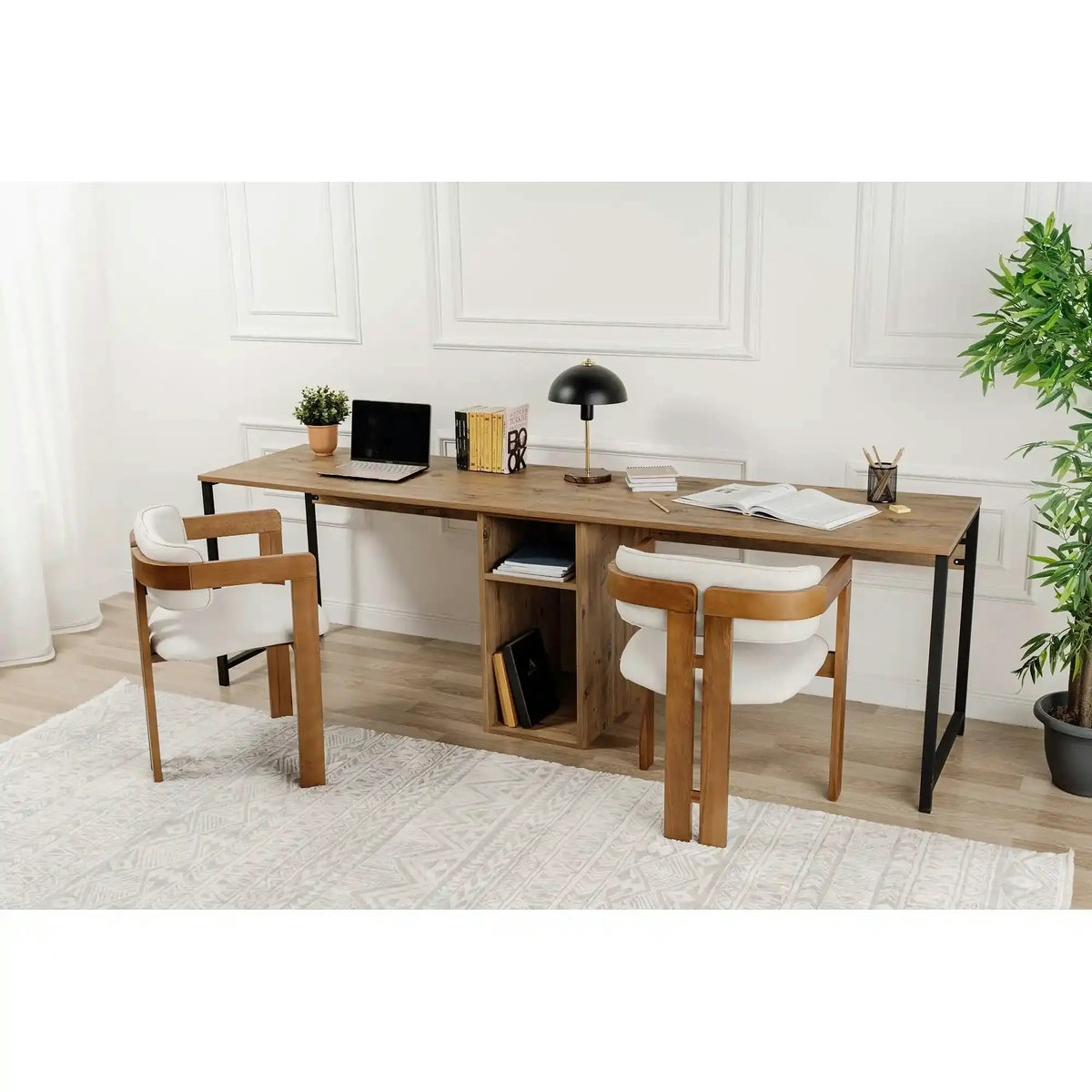 Birou TWIN, pin atlantic/negru, PAL melaminat/metal, 240x60x74 cm