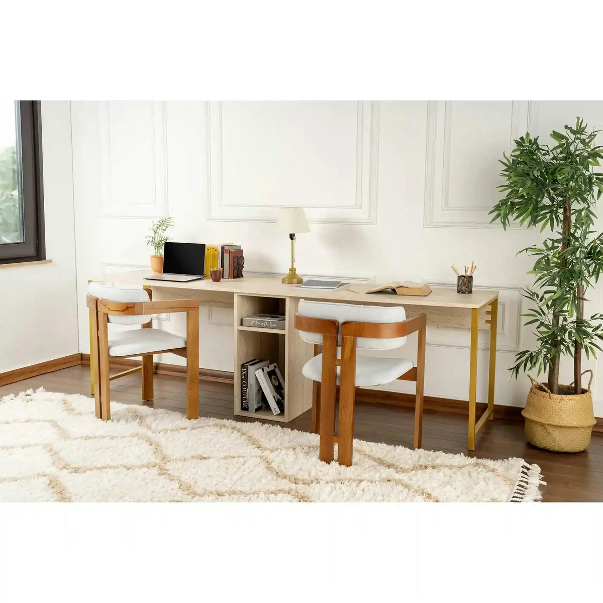 Birou TWIN, travertin/auriu, PAL melaminat/metal, 240x60x74 cm