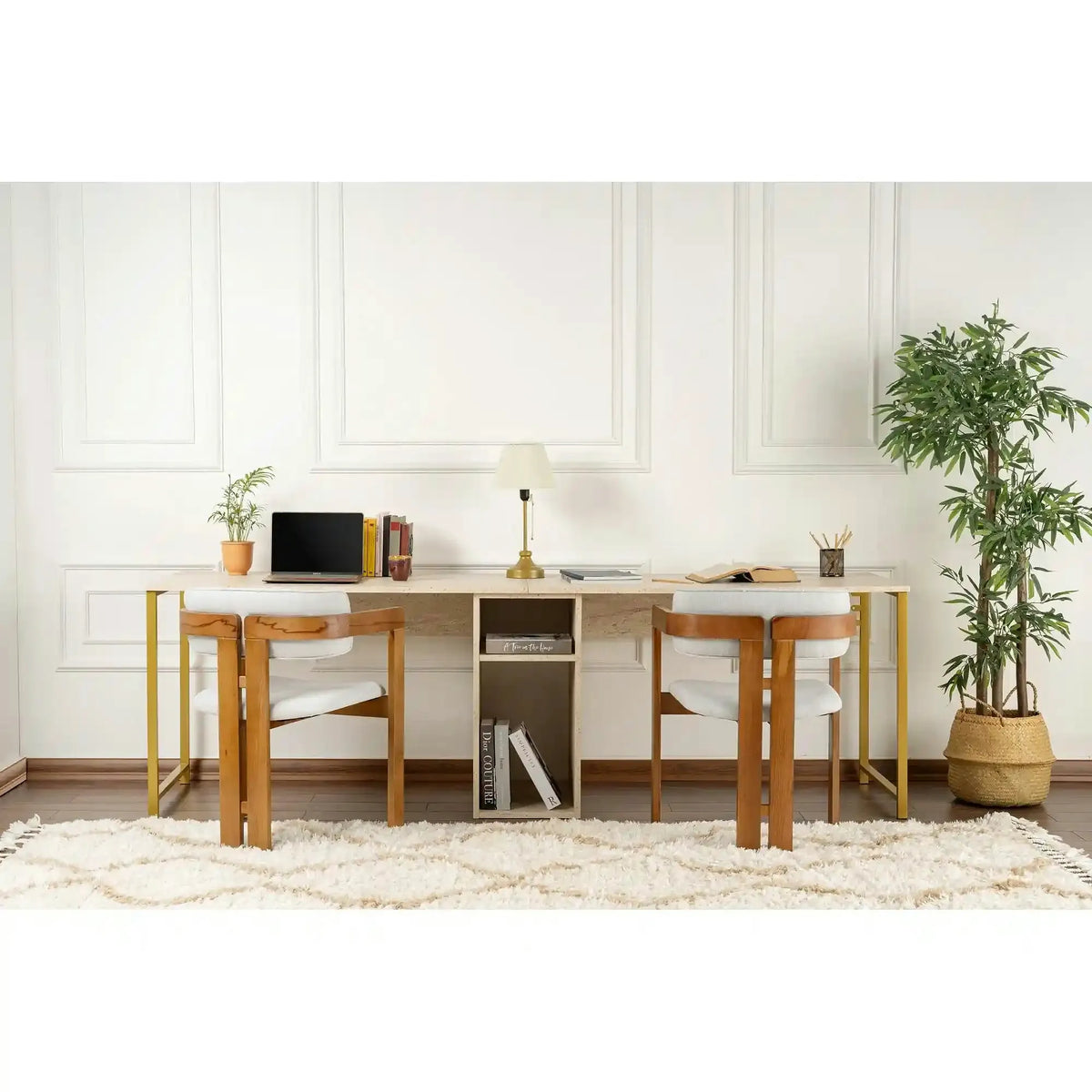 Birou TWIN, travertin/auriu, PAL melaminat/metal, 240x60x74 cm