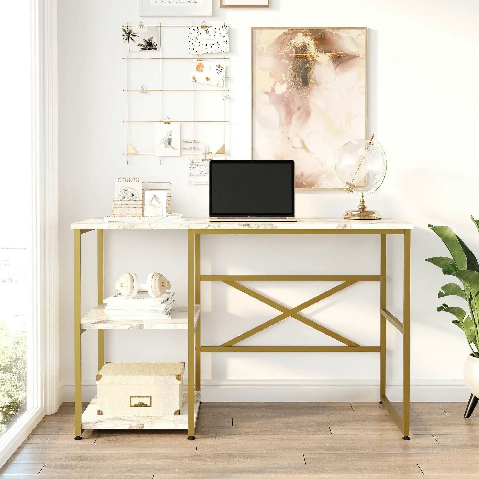 Birou VG23-GE, alb cu efect de marmura/auriu, PAL melaminat/metal, 120x60x75 cm
