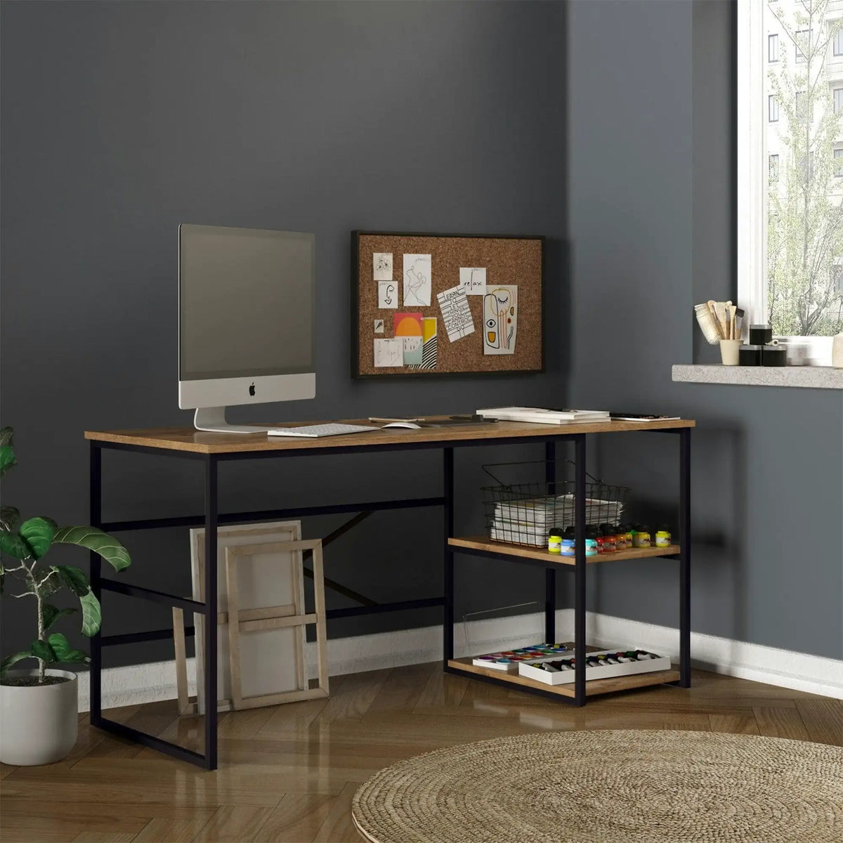 Birou VG28-A, stejar/negru, PAL melaminat/metal, 160x60x75 cm