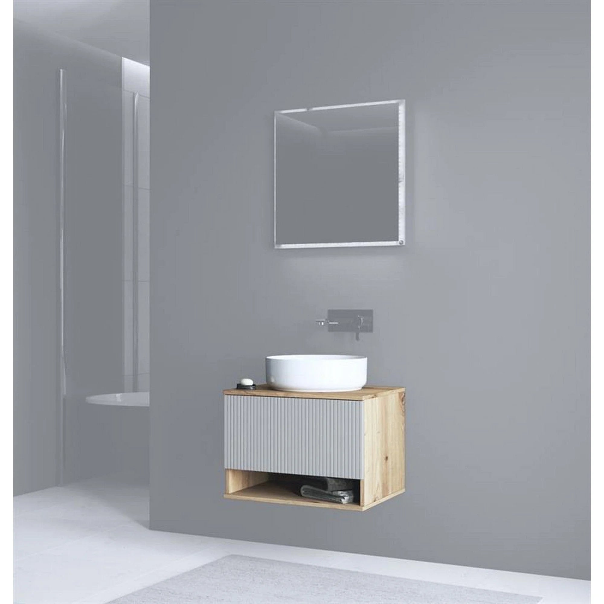 Dulap baie suspendat AVIOLA, casmir/stejar artisan, PAL laminat, cu un sertar, pentru lavoar, 60x45x43 cm