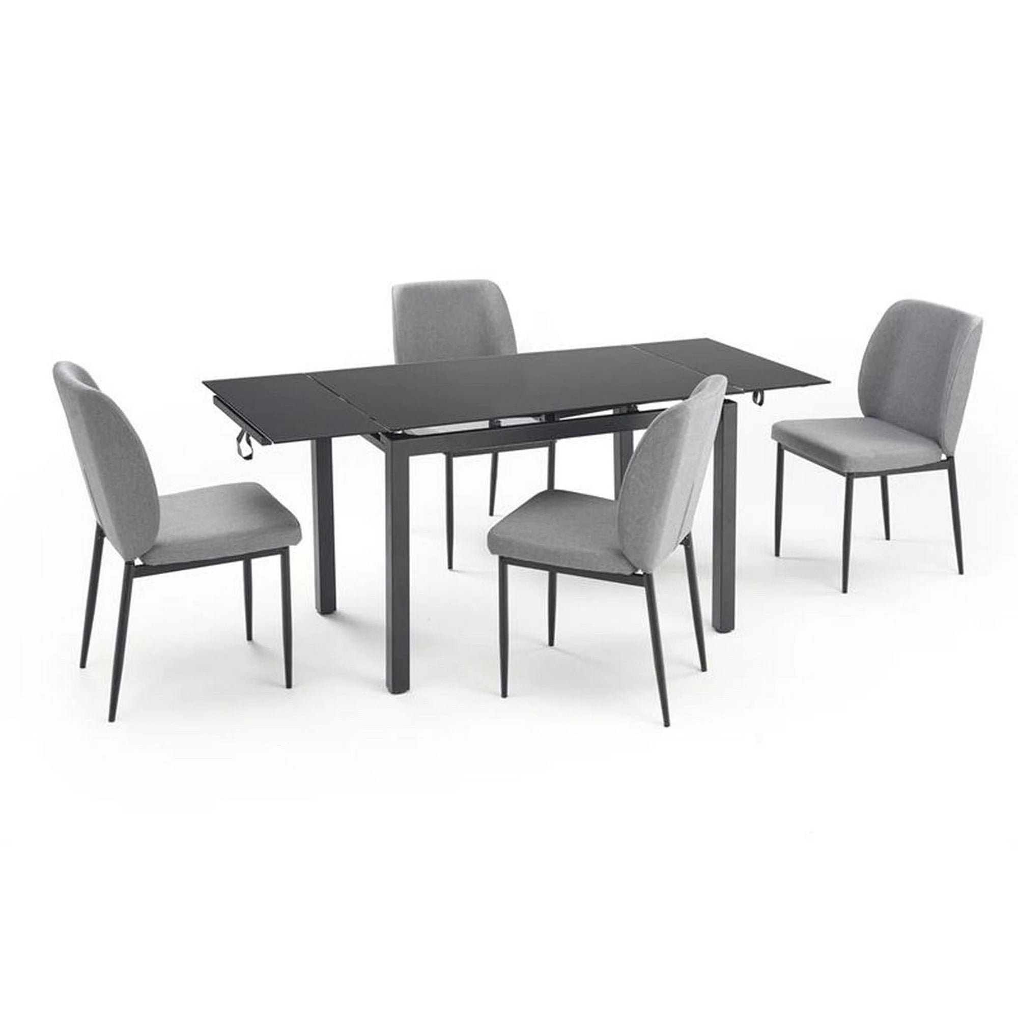Set masa extensibila cu 4 scaune JASPER, gri/negru, stofa clasica/sticla/metal