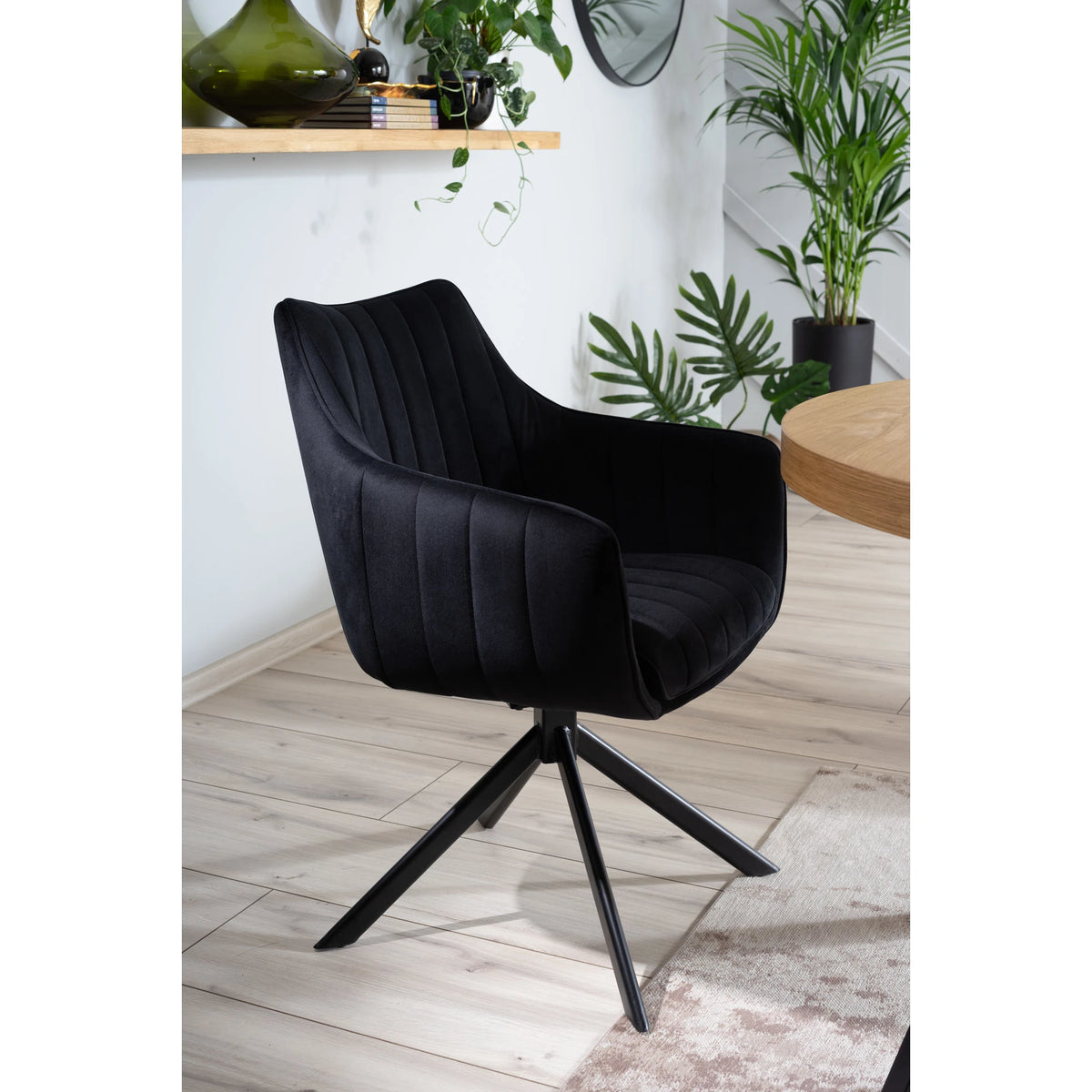 Scaun living rotativ AZALIA, negru, stofa catifelata/metal, 61x44x86 cm