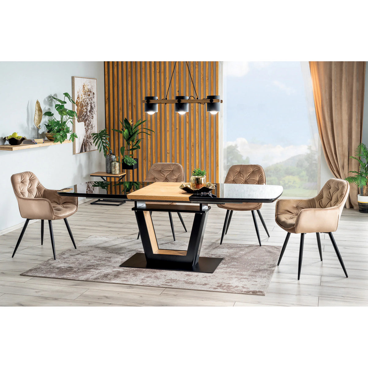 Scaun tapitat modern CHERRY, bej/negru, stofa catifelata/metal, 57x58x87 cm