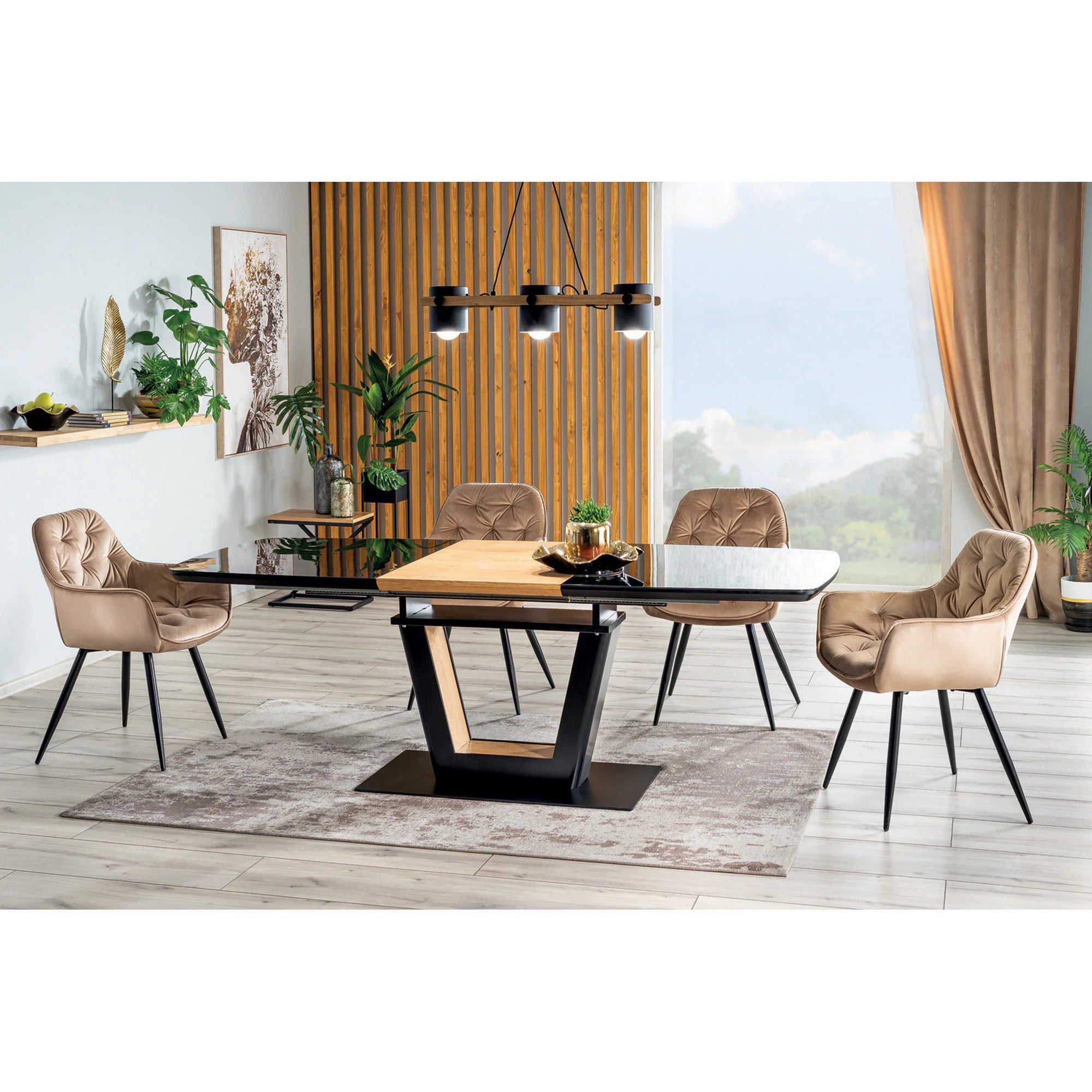 Scaun tapitat modern CHERRY, bej/negru, stofa catifelata/metal, 57x58x87 cm