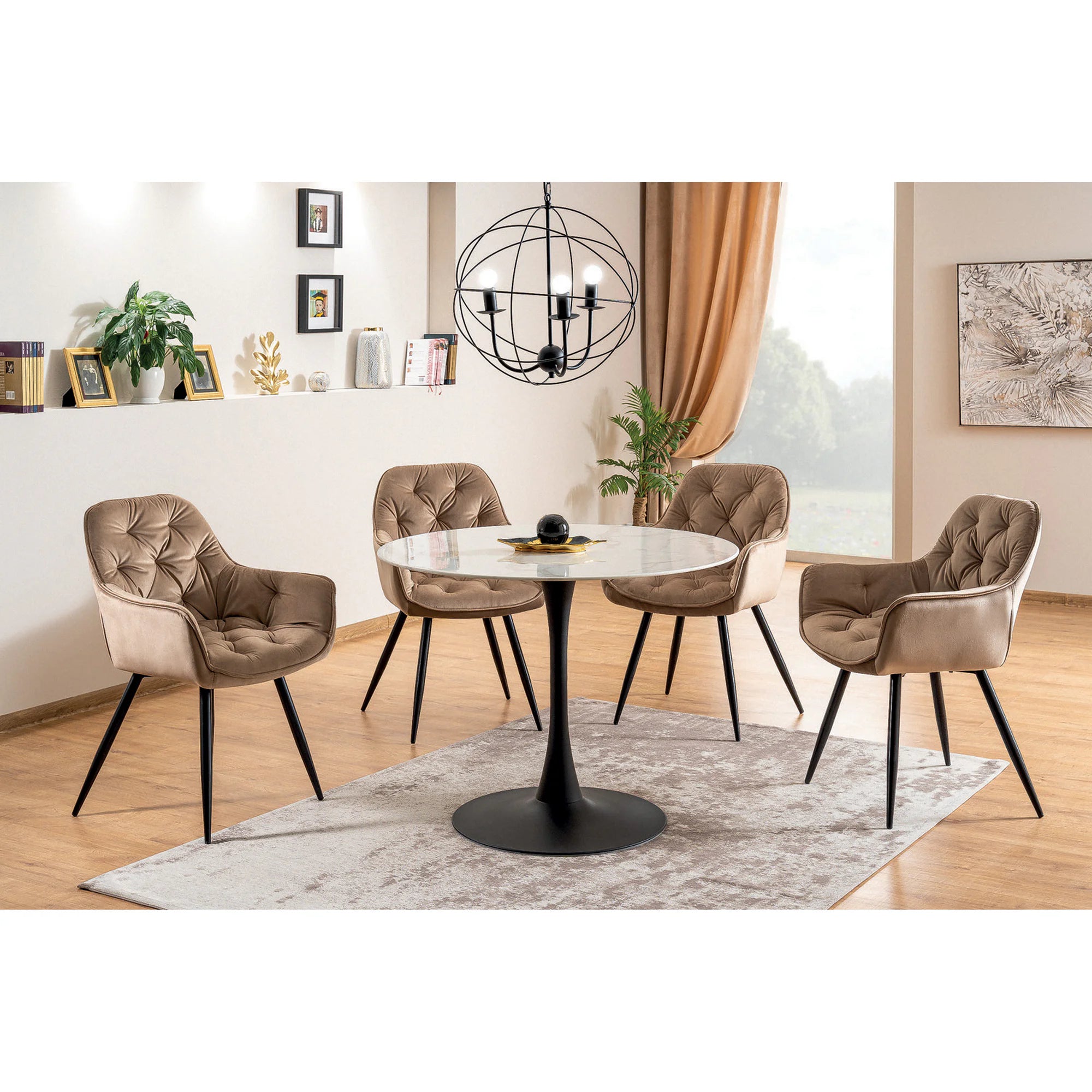 Scaun tapitat modern CHERRY, bej/negru, stofa catifelata/metal, 57x58x87 cm