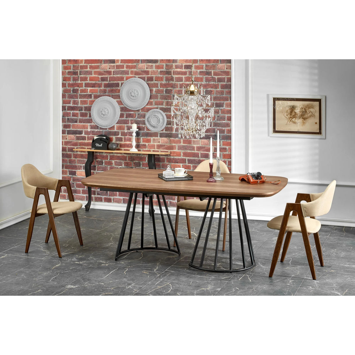 Scaun tapitat modern K344, bej/nuc, stofa clasica/metal, 51x57x82 cm
