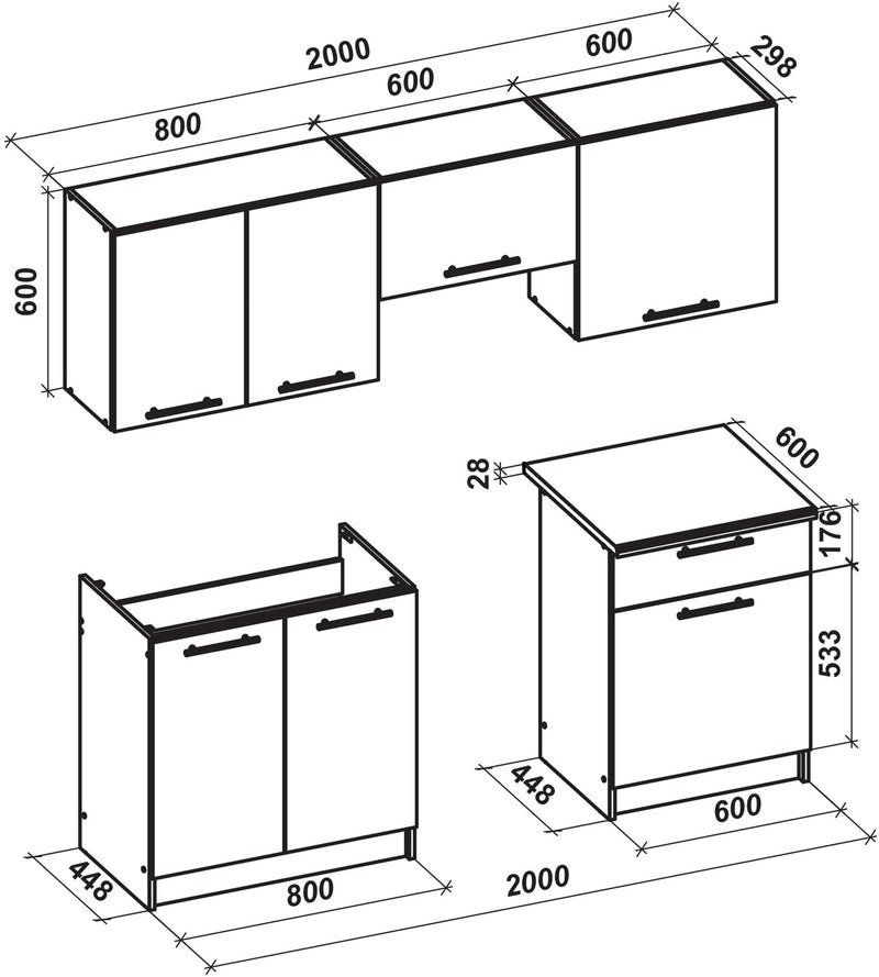 Set bucatarie MARIA, alb/stejar sonoma/alb lucios, 200 cm