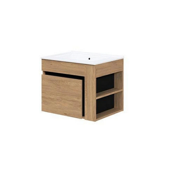 Dulap baie suspendat DUESA, stejar auriu/negru, PAL laminat, cu un sertar, pentru lavoar, 60x45x47 cm
