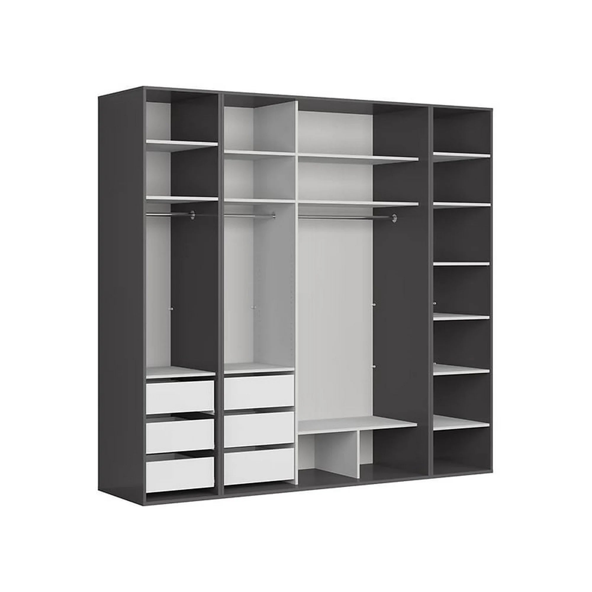 Dressing FLEX, gri grafit/negru lucios, PAL, cu 4 usi glisante, 220x66x218 cm