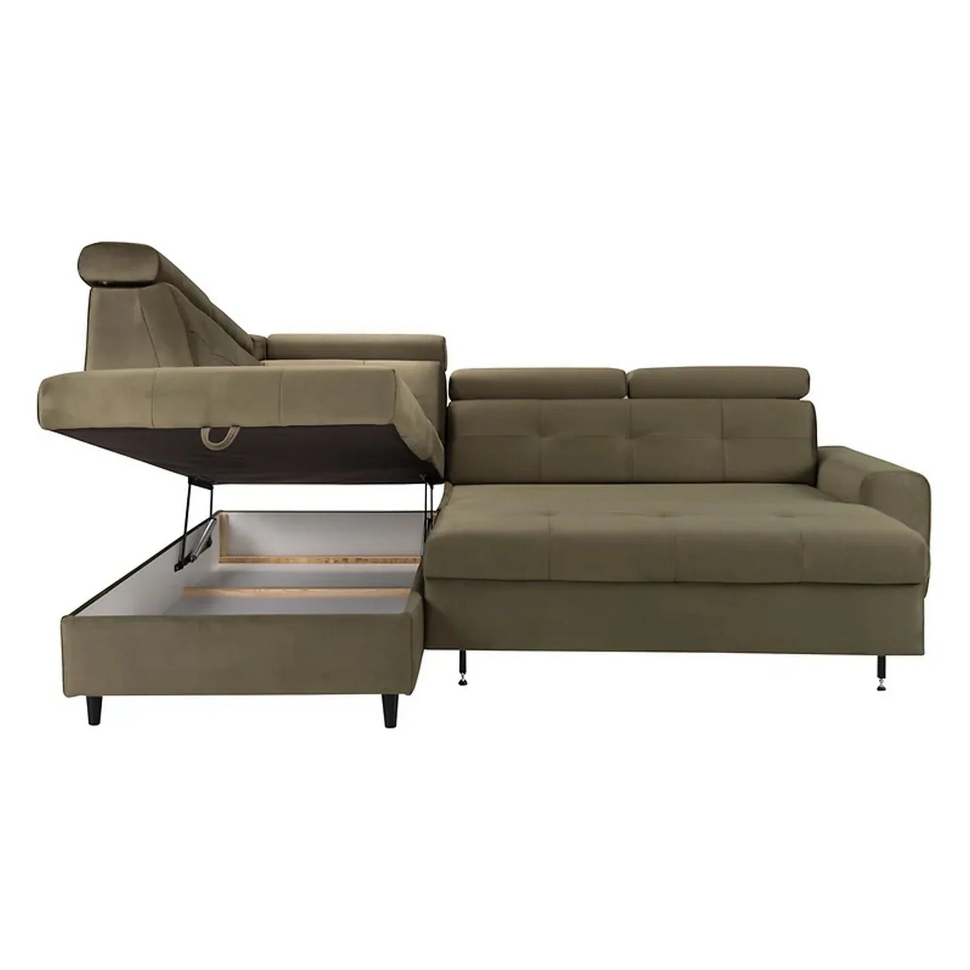 Coltar extensibil MATRAS, sezlong stanga, stofa catifelata verde olive - Letto 38, cu lada depozitare si tetiere reglabile, 263x205x98 cm